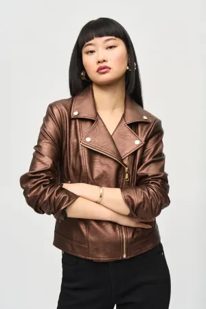 Metallic Faux Leather Biker Jacket Style 234902│Bronze