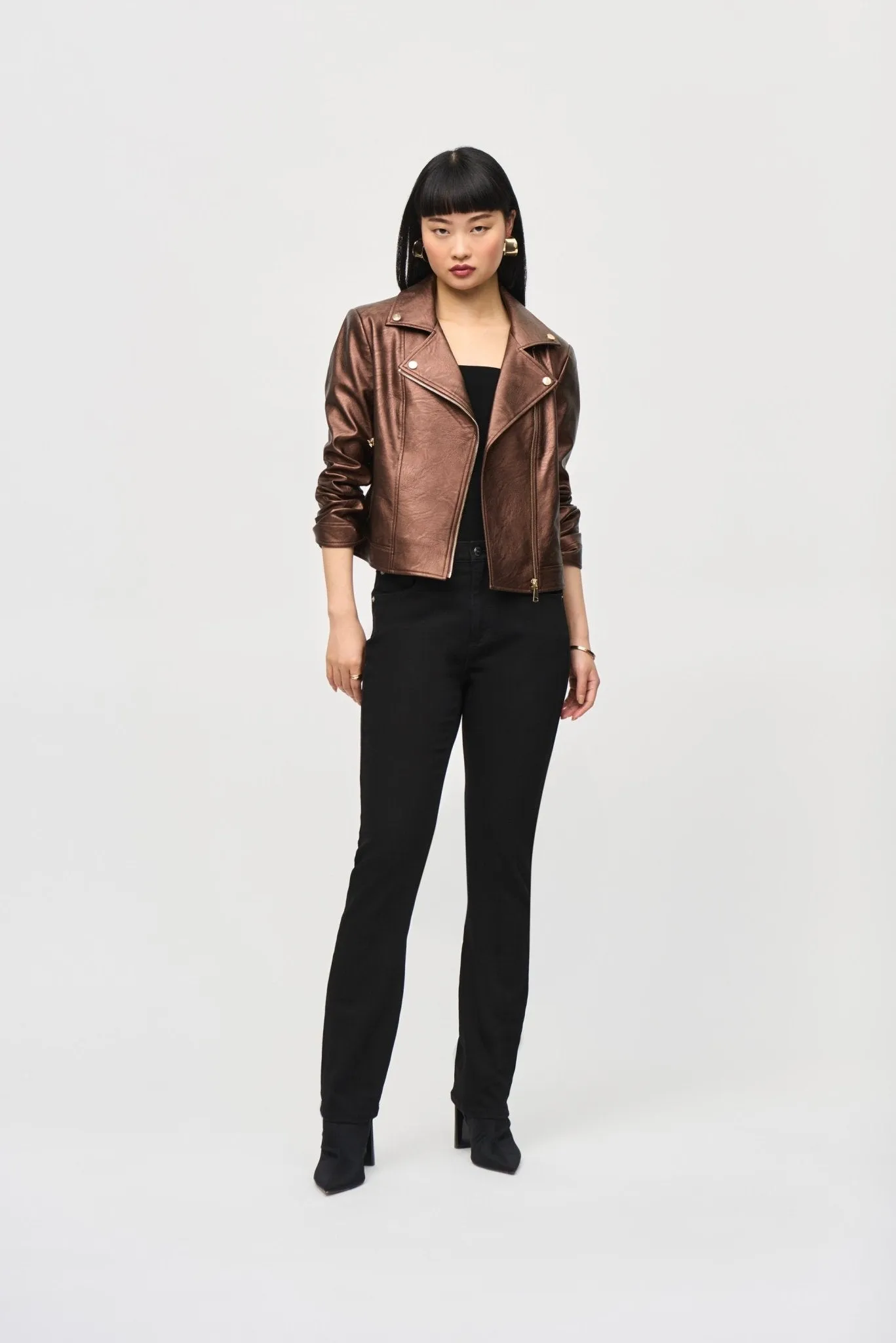 Metallic Faux Leather Biker Jacket Style 234902│Bronze