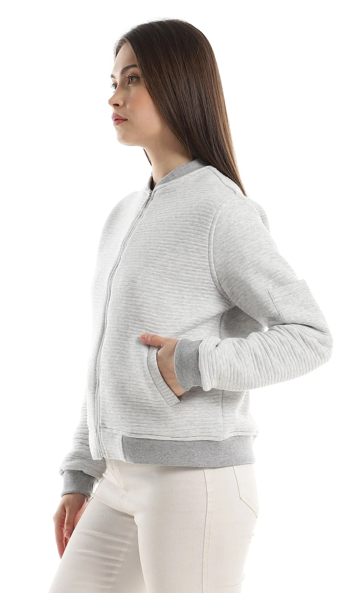 O163105 Grey Shades Self Ribbed Band Neck Cotton Jacket