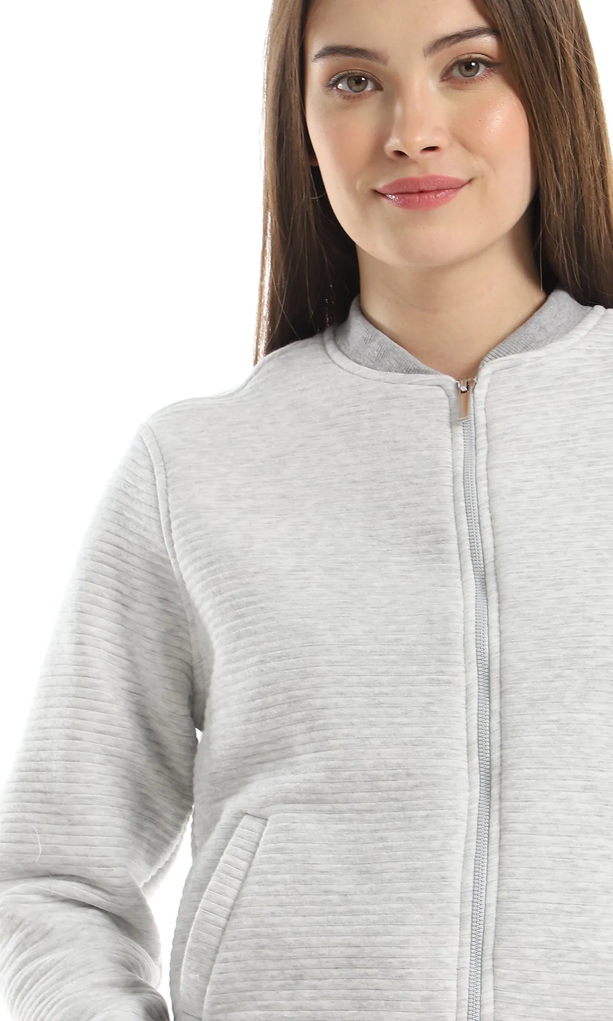 O163105 Grey Shades Self Ribbed Band Neck Cotton Jacket