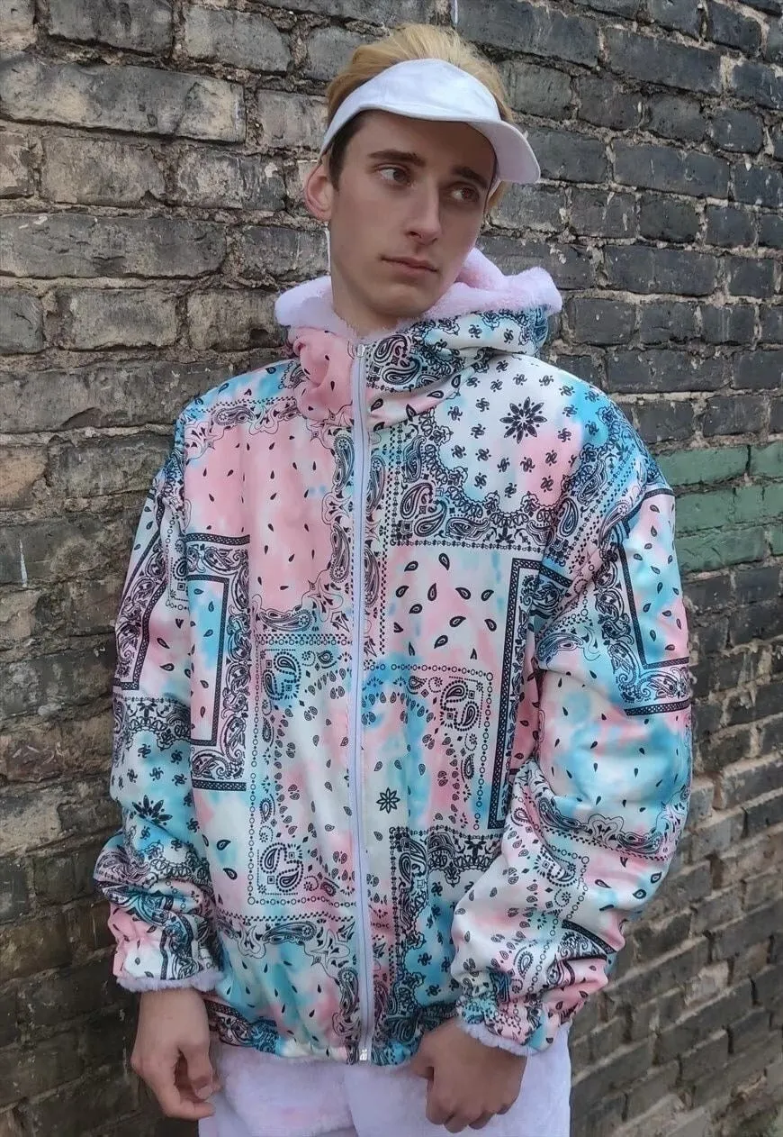 Pastel bandana bomber reversible handmade faux fur jacket