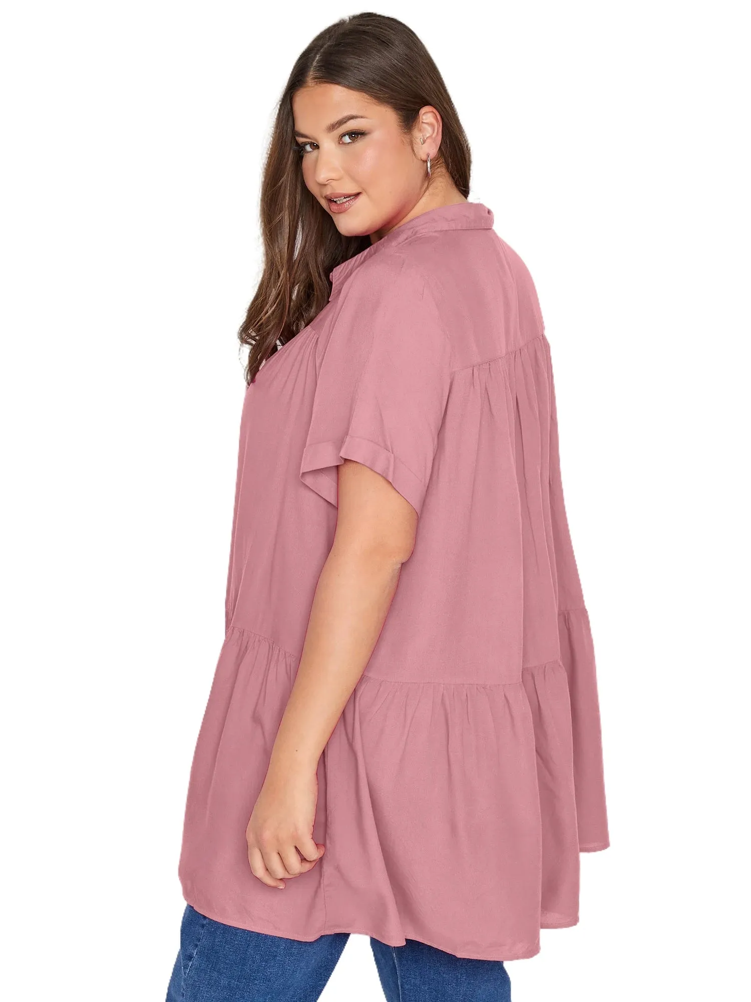 Plus Size Summer Elegant Longline Smock Shirt Women Short Sleeve Black Casual Tiered Blouse Large Size Loose Solid Shirt 4XL 5XL