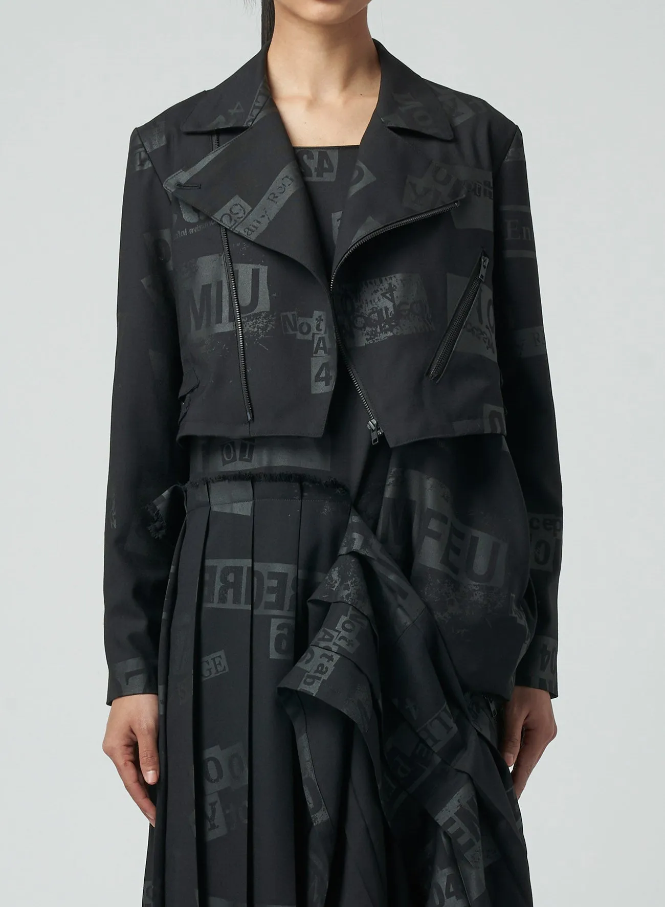 PRINTED SERGE CROPPED BIKER JACKET