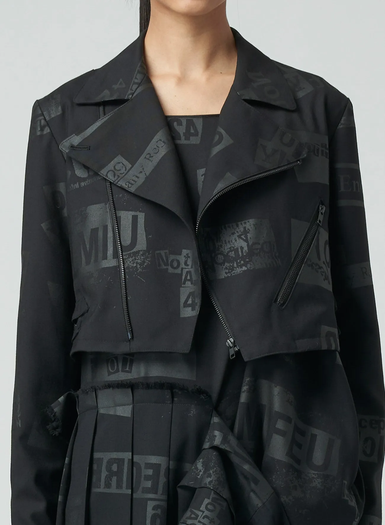 PRINTED SERGE CROPPED BIKER JACKET