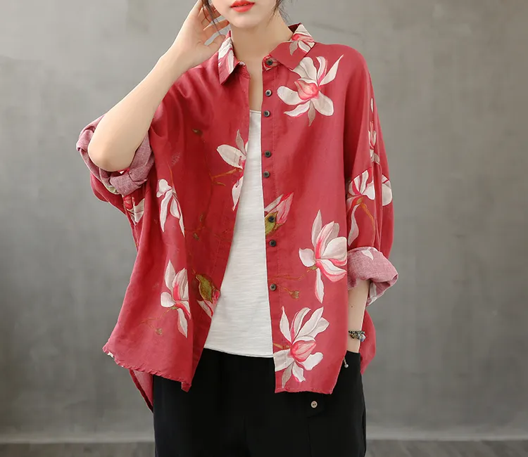 Printed Women Casual Blouse Linen Shirts Tops DZA2008232