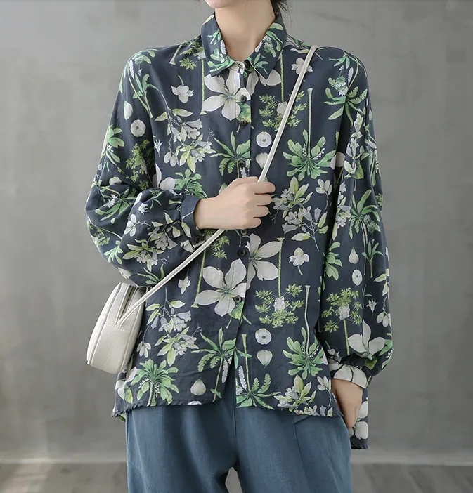 Printed Women Casual Blouse Linen Shirts Tops DZA2008232