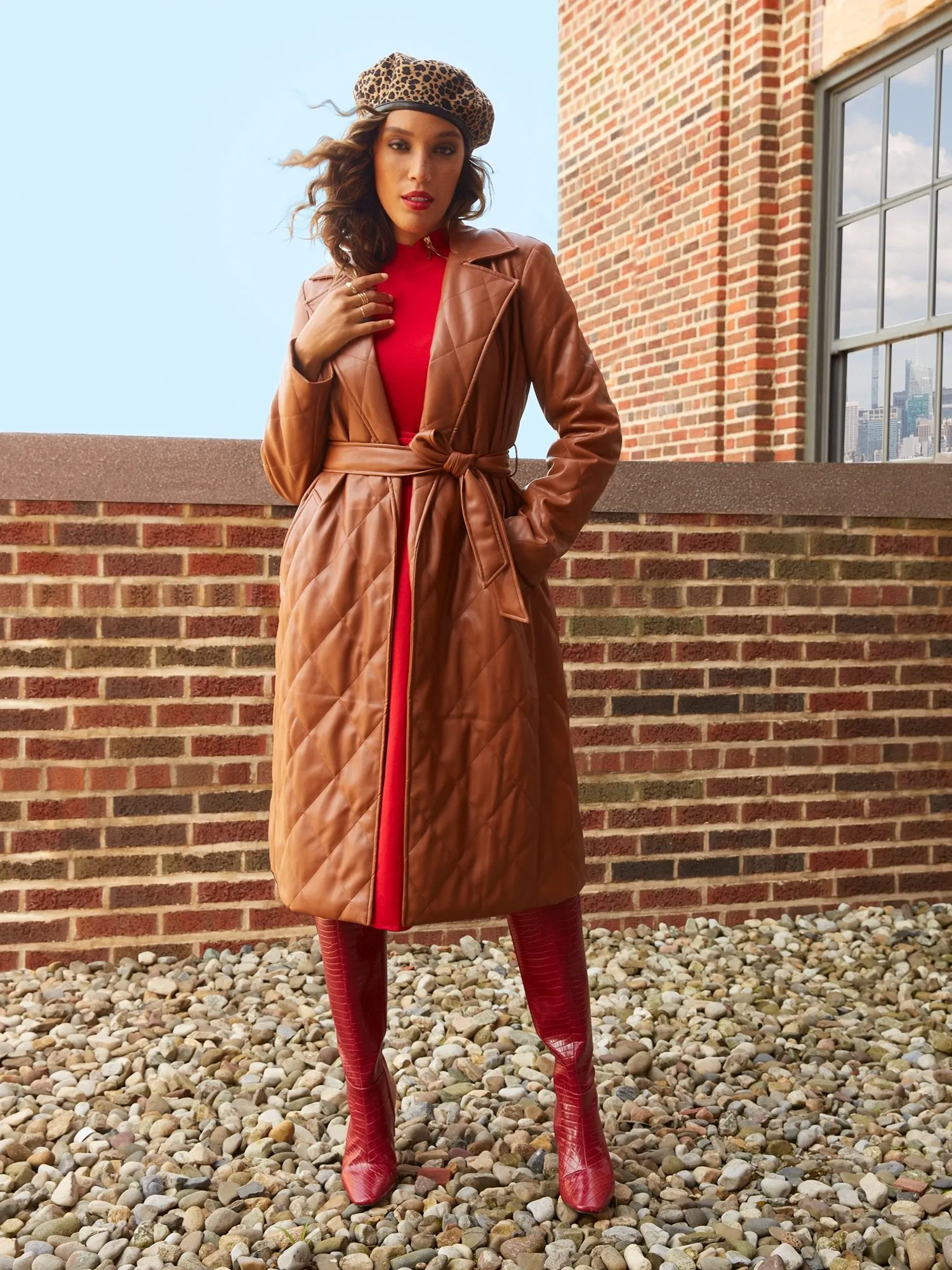 Quilted Faux-Leather Wrap Trenchcoat