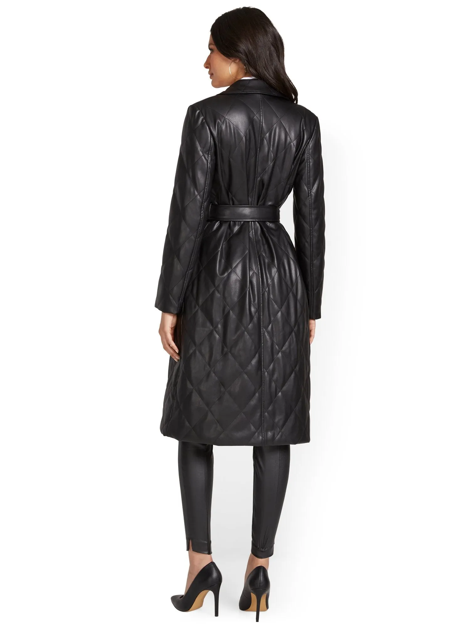 Quilted Faux-Leather Wrap Trenchcoat