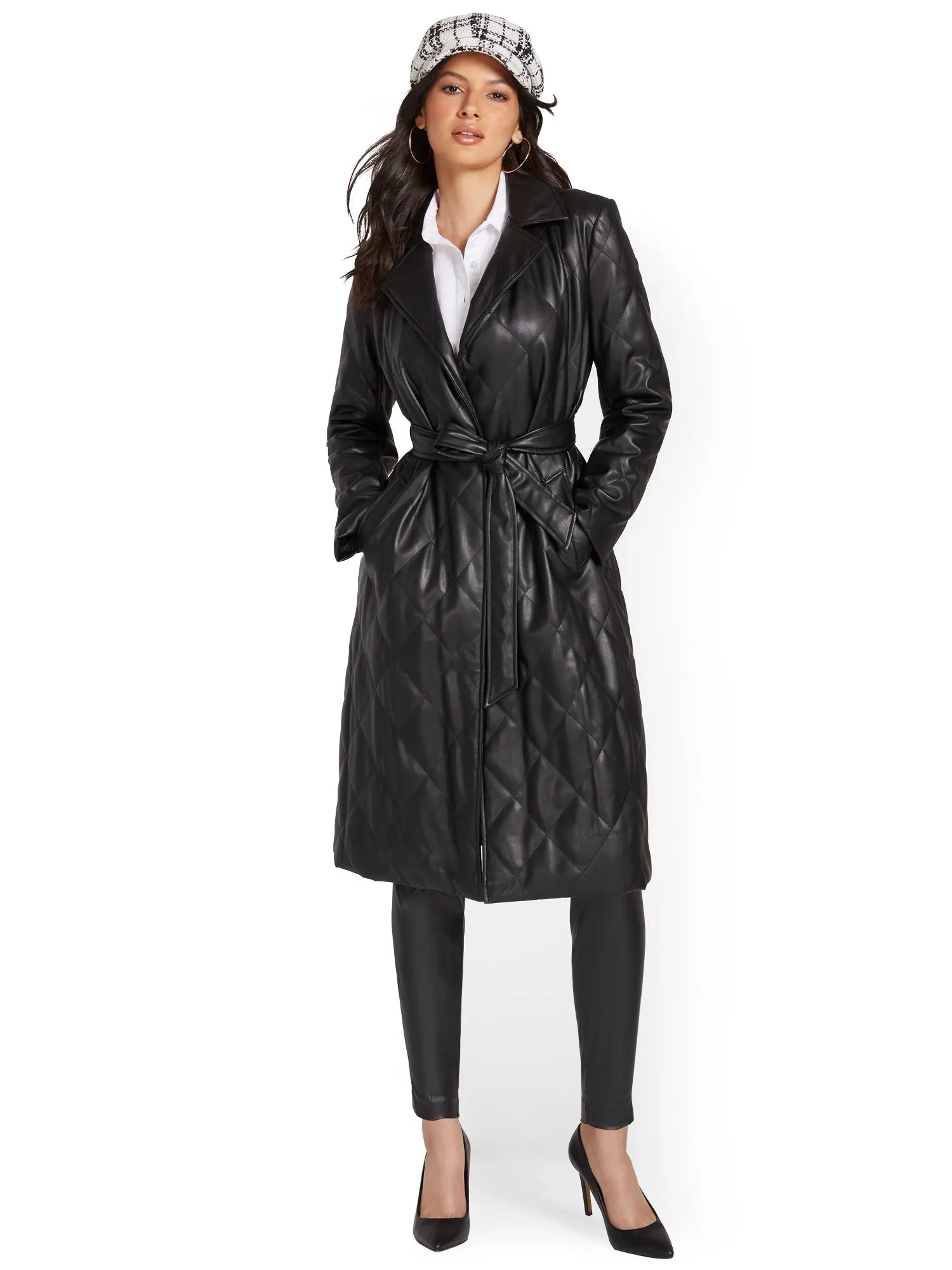 Quilted Faux-Leather Wrap Trenchcoat