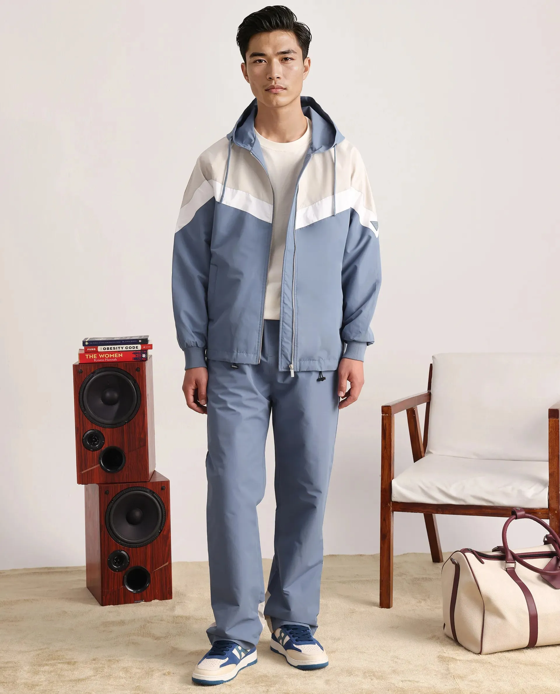 Rare Rabbit Men Waber-B Light Blue Nylon Polyester Fabric Elasticated Waistband Cut and Sew Track Pant