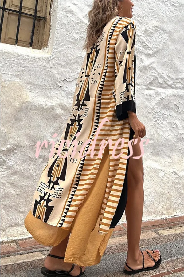 Retro Geometric Ethnic Print Open Front Slit Duster Kimono