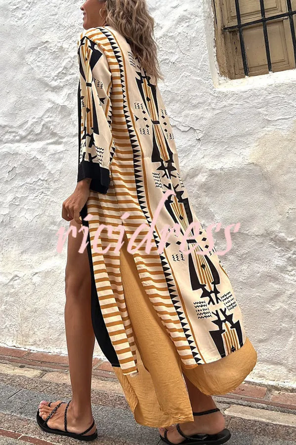 Retro Geometric Ethnic Print Open Front Slit Duster Kimono