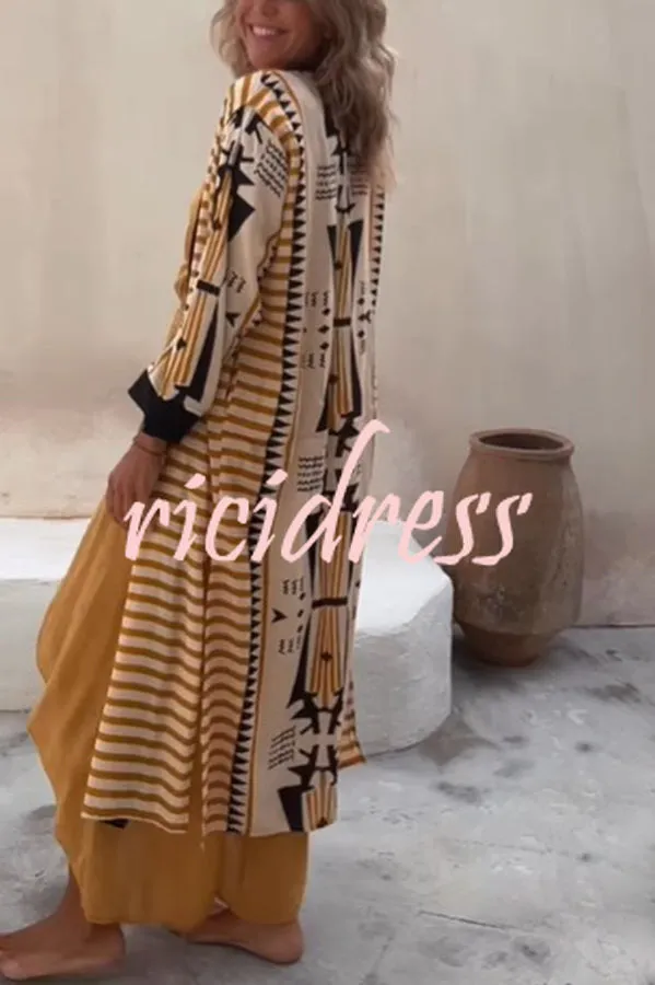 Retro Geometric Ethnic Print Open Front Slit Duster Kimono