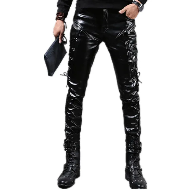 Rock Skinny Lace Up  Shiny Faux PU Leather Trousers