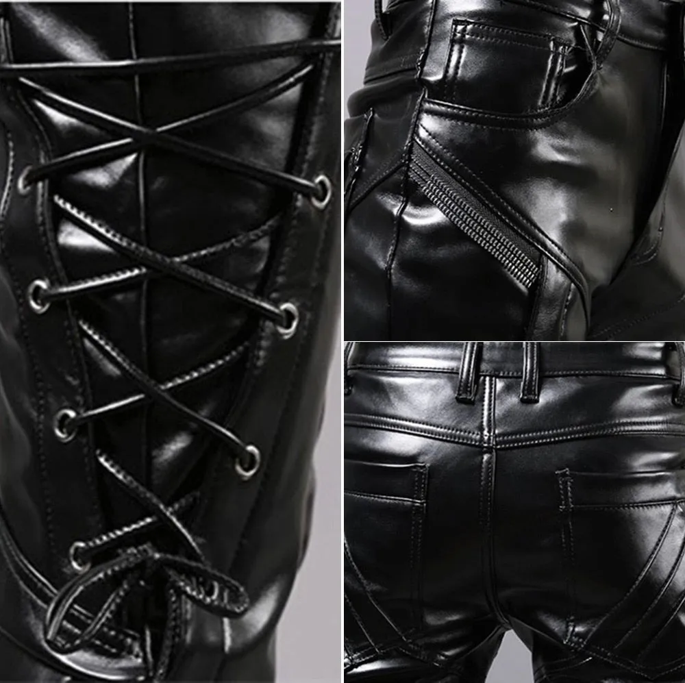 Rock Skinny Lace Up  Shiny Faux PU Leather Trousers