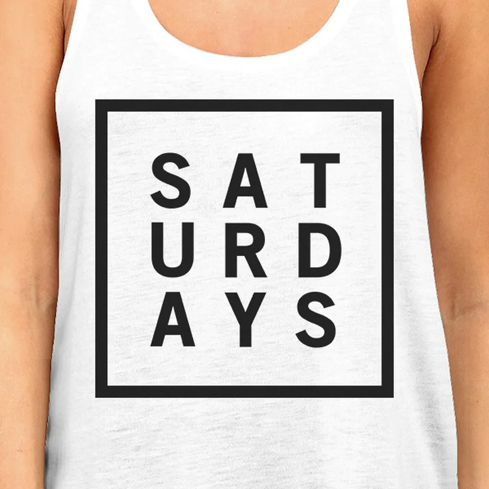 Saturdays Womens White Sleeveless Tank Top Simple Typography