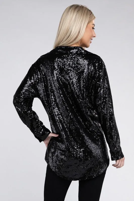 Sequin Collared Long Sleeve Button Up Shirt