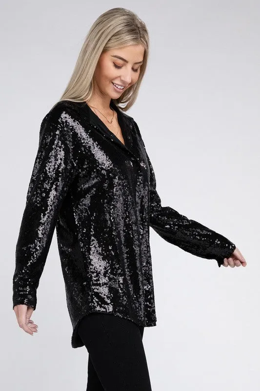 Sequin Collared Long Sleeve Button Up Shirt