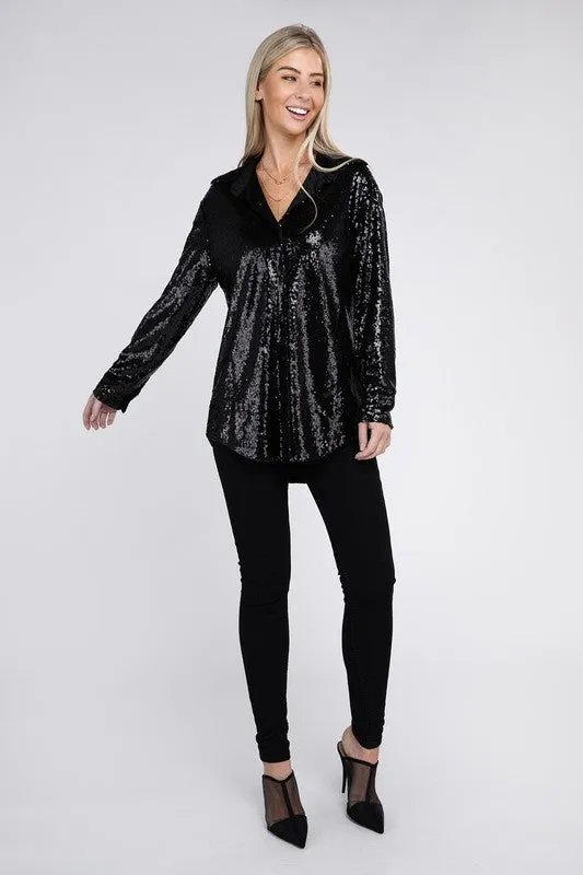 Sequin Collared Long Sleeve Button Up Shirt