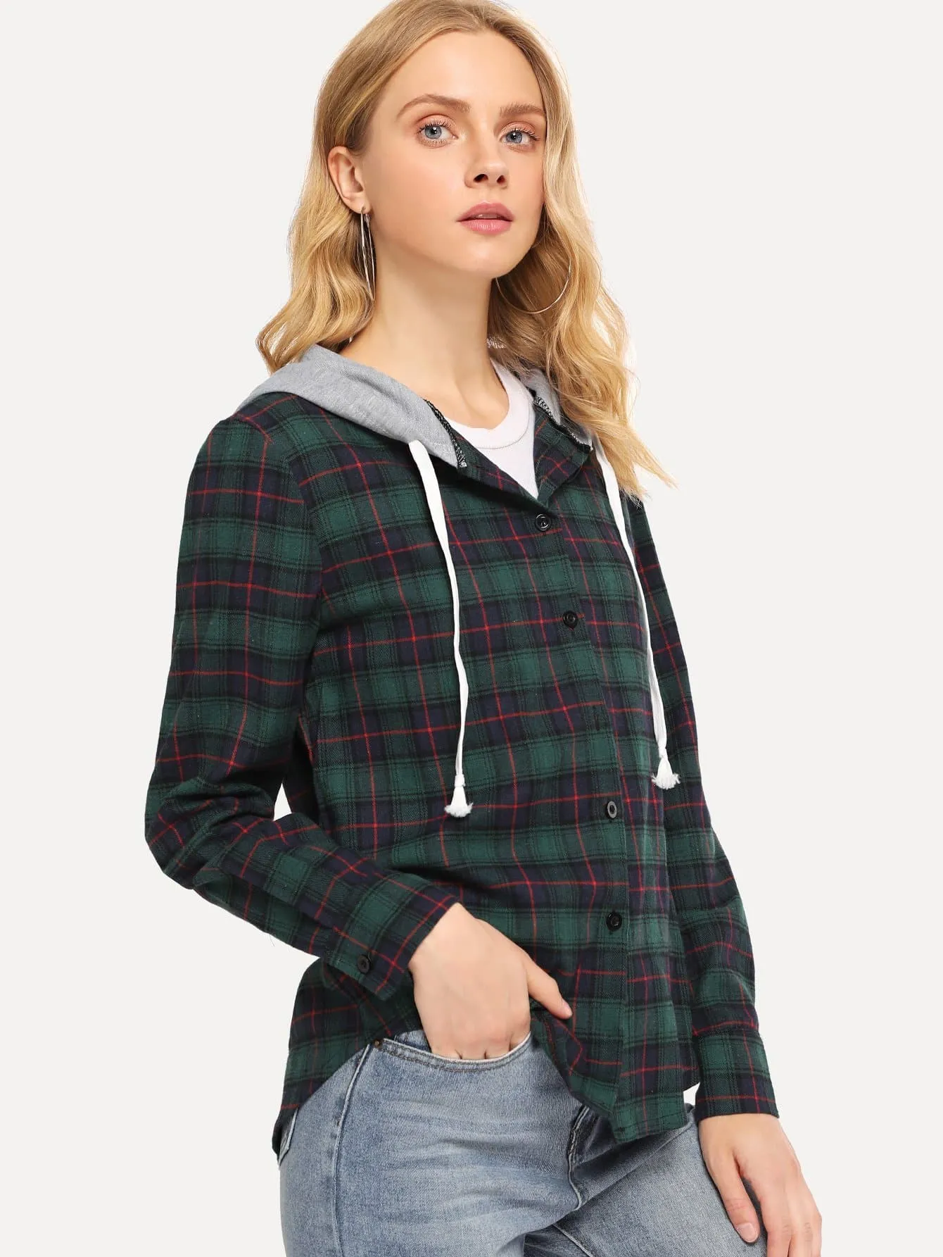 Single Breasted Drawstring Detail Plaid Hooded Coat