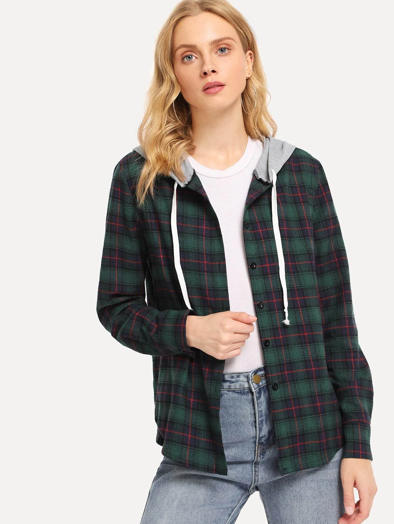 Single Breasted Drawstring Detail Plaid Hooded Coat