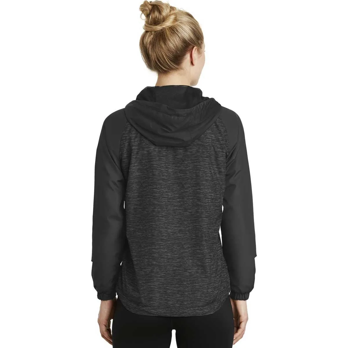 Sport-Tek Women's Black Heather/Black Colorblock Raglan Hooded Wind Jacket