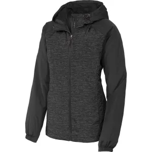 Sport-Tek Women's Black Heather/Black Colorblock Raglan Hooded Wind Jacket