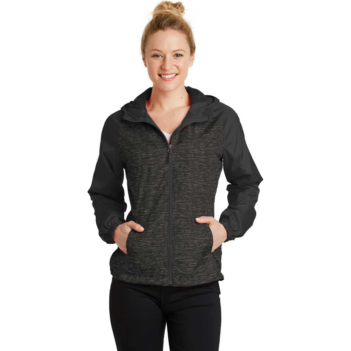 Sport-Tek Women's Black Heather/Black Colorblock Raglan Hooded Wind Jacket