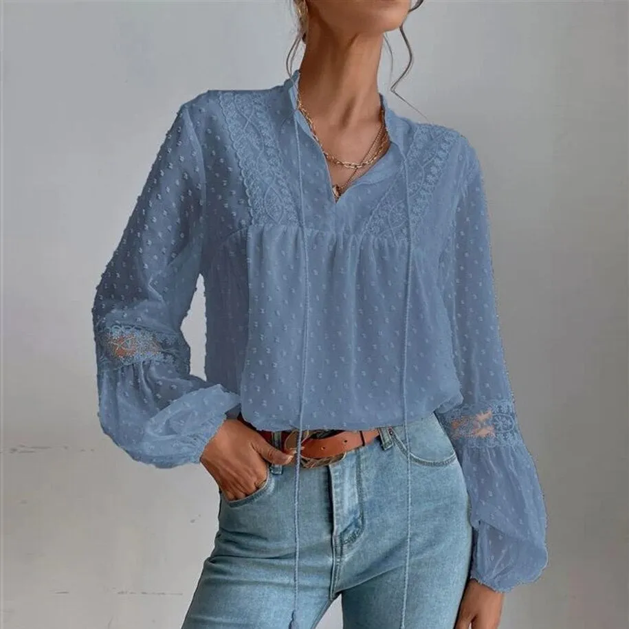 Wenkouban Summer Elegant Polka Dot Blouse Shirt Women Long Sleeve Casual Blouses Loose Jacquard Office Lady Tops Female V Neck Solid Shirt