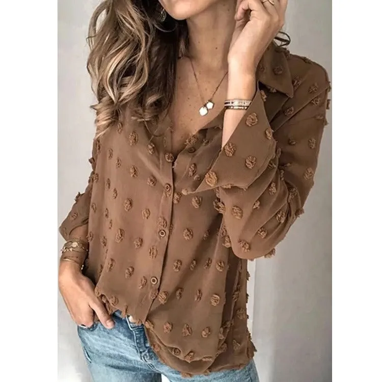 Women Europe Solid Colored Jacquard Shirt Lapel Long Sleeved Loose Tops Blouse