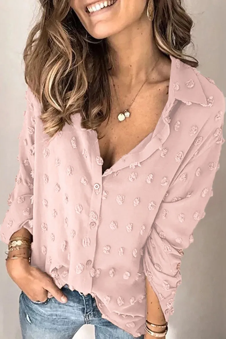 Women Europe Solid Colored Jacquard Shirt Lapel Long Sleeved Loose Tops Blouse