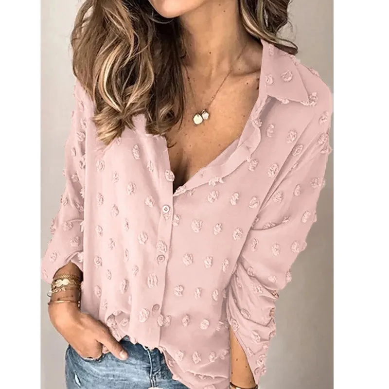 Women Europe Solid Colored Jacquard Shirt Lapel Long Sleeved Loose Tops Blouse