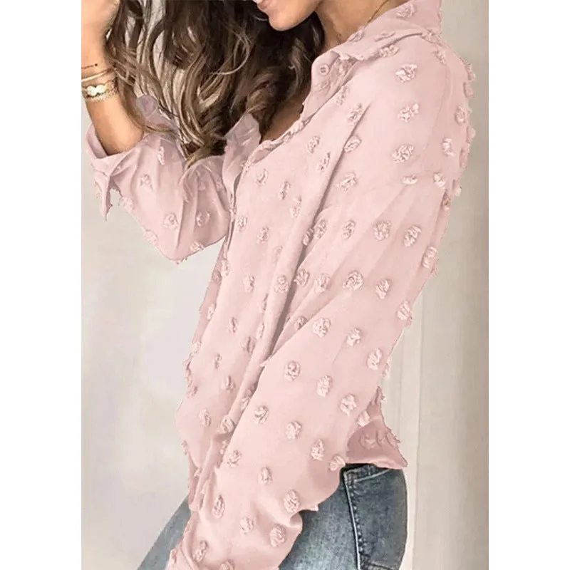 Women Europe Solid Colored Jacquard Shirt Lapel Long Sleeved Loose Tops Blouse