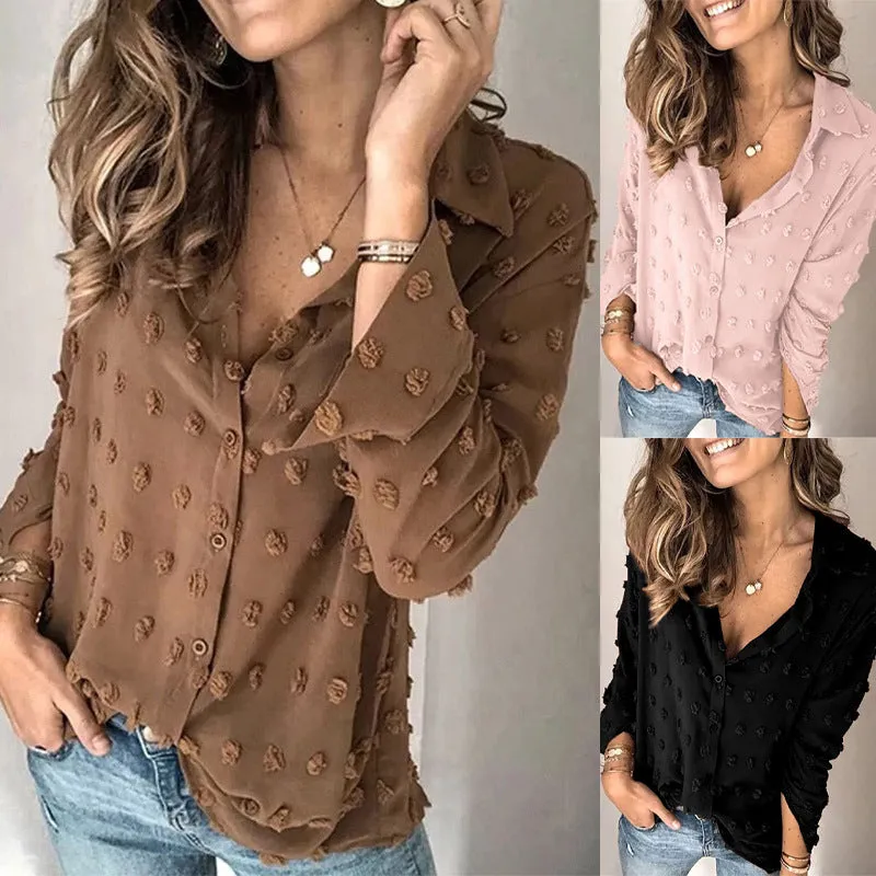 Women Europe Solid Colored Jacquard Shirt Lapel Long Sleeved Loose Tops Blouse