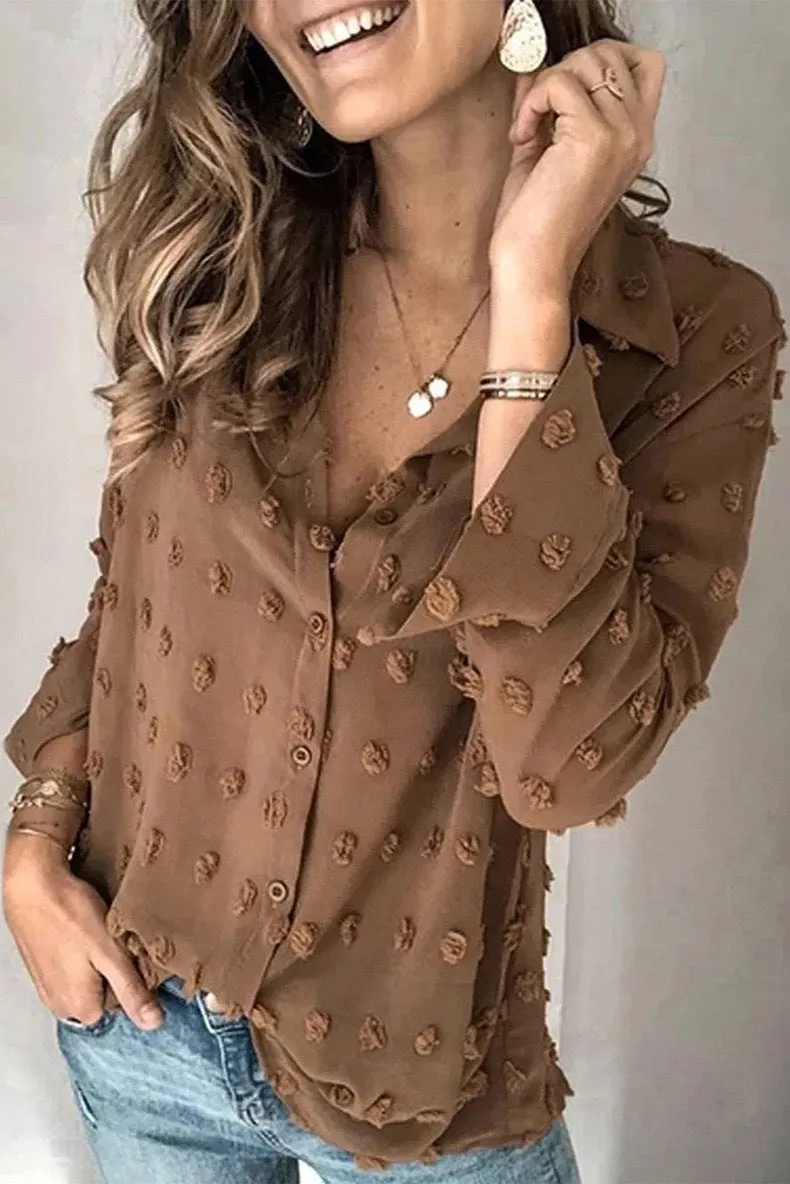 Women Europe Solid Colored Jacquard Shirt Lapel Long Sleeved Loose Tops Blouse