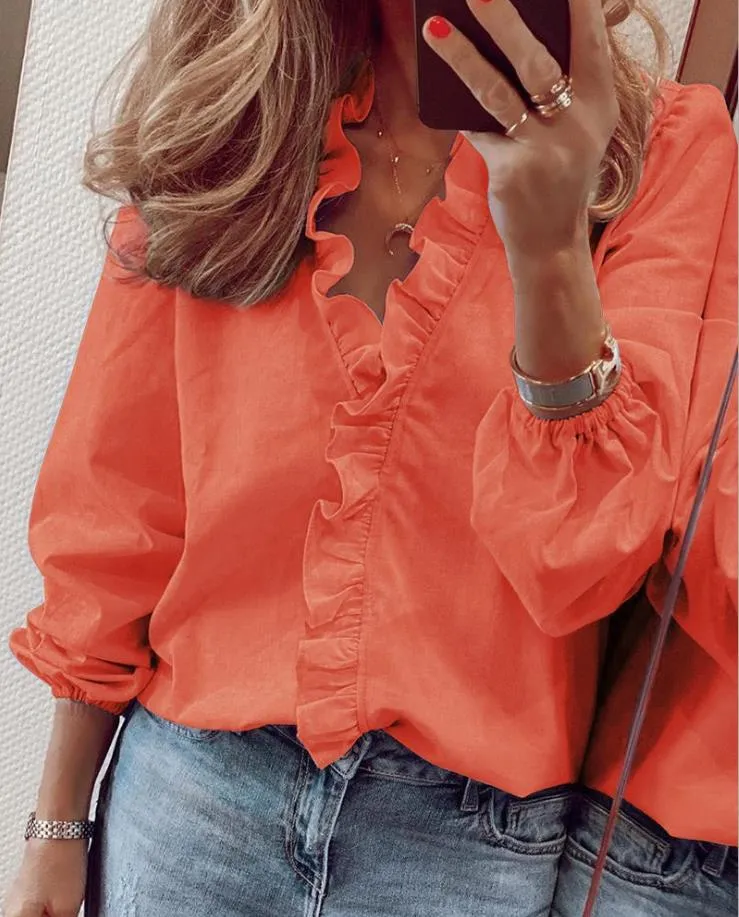 xakxx xakxx Women Blouses Shirt Elegant Long Sleeve Ruffles V Neck Blouse Tops Casual Pullover Loose Solid Ladies Tunic Blouses Shirt