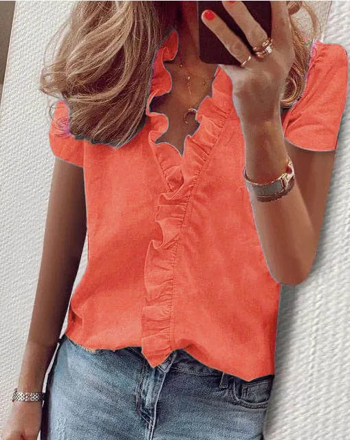 xakxx xakxx Women Blouses Shirt Elegant Long Sleeve Ruffles V Neck Blouse Tops Casual Pullover Loose Solid Ladies Tunic Blouses Shirt